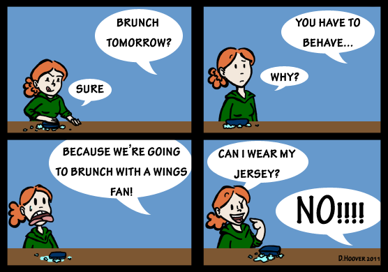 a comic about Gray having to dine with a Wing's fan